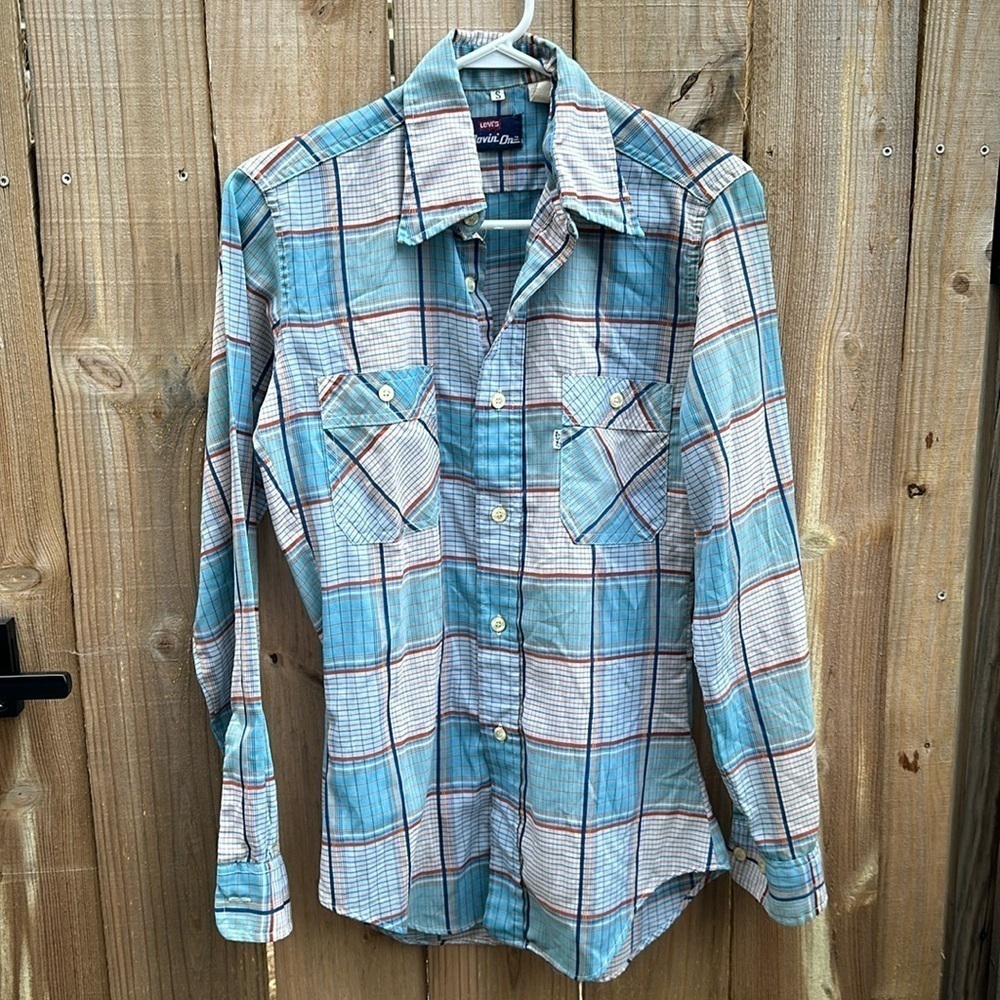 Vintage 1970's Levis White Tag Flannel Blue Plaid Check Print L/S Shirt small